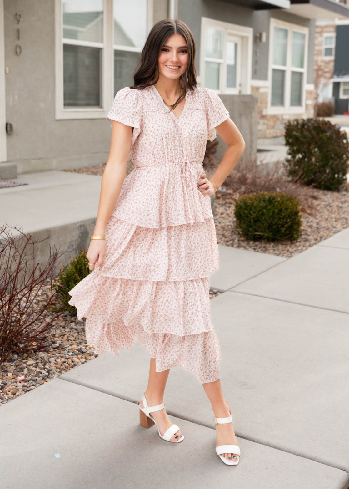 Short sleeve blush rose tiered ruffle dress