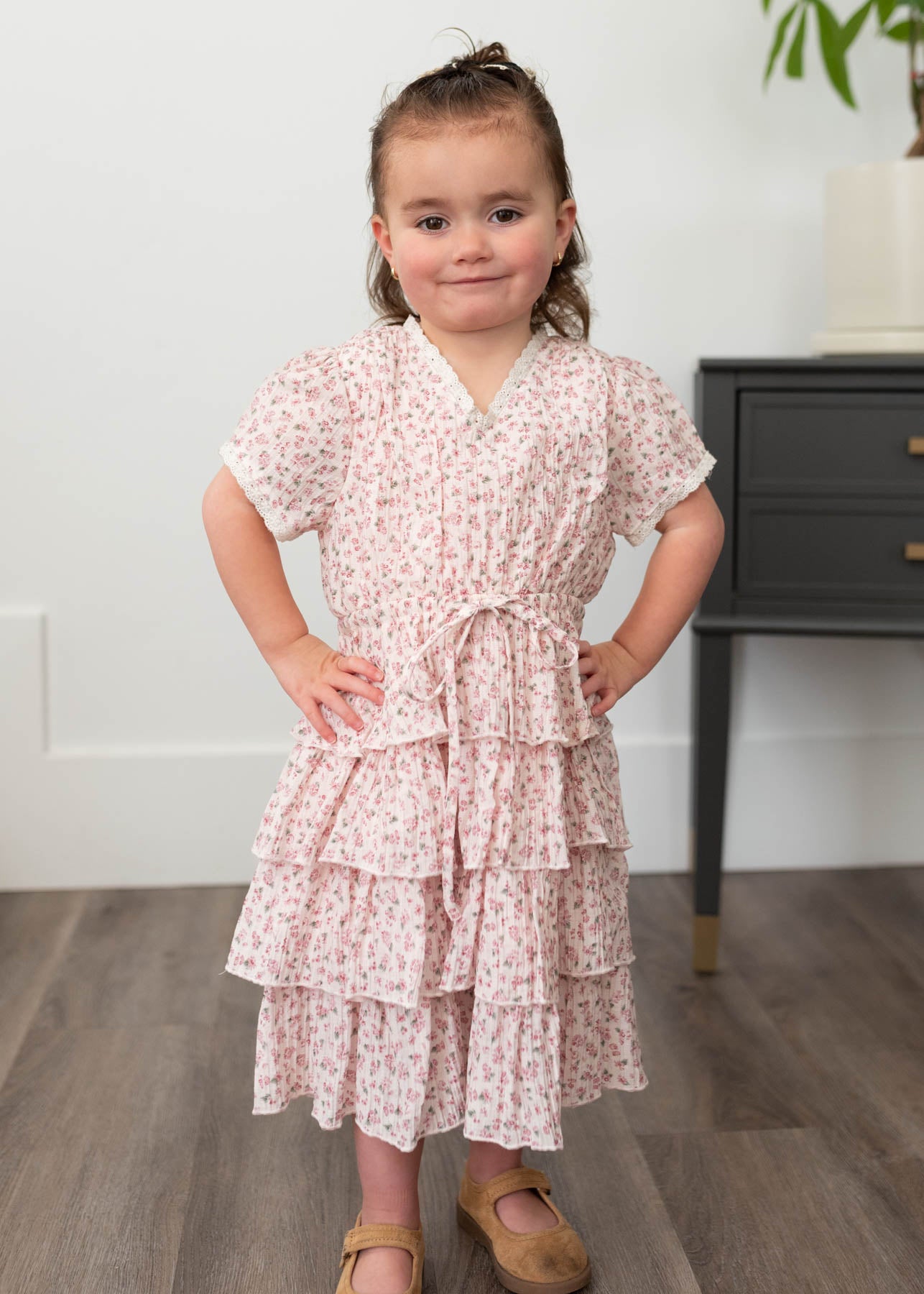 Blush rose tiered ruffle little girl dress with short sleeves