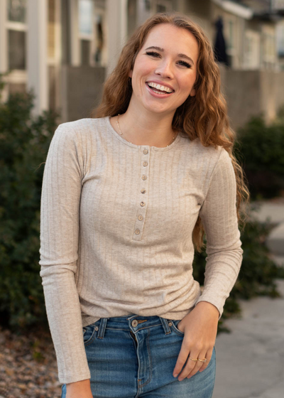 Button mocha ribbed long sleeve top