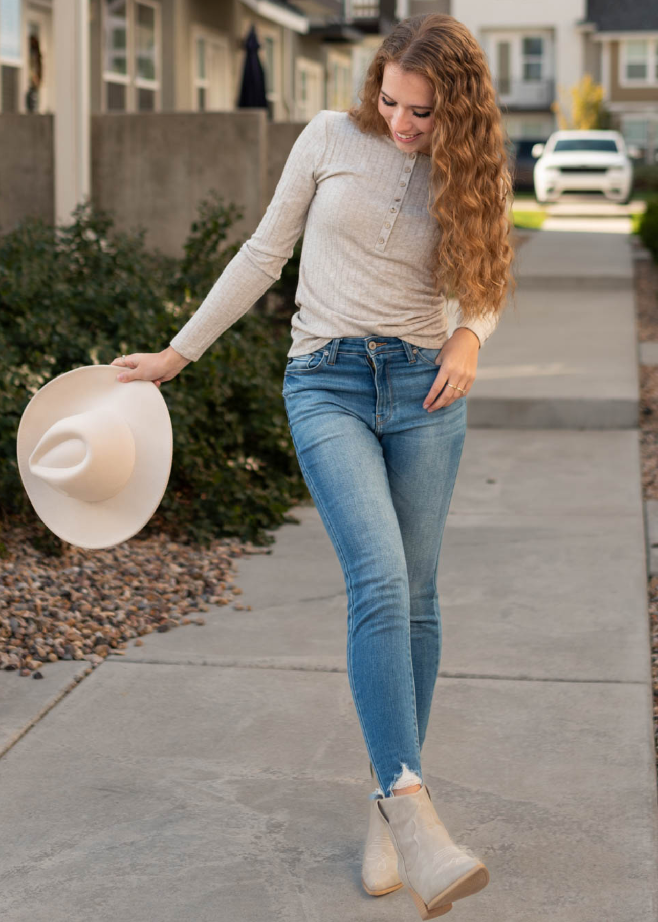 Front view of a mocha ribbed long sleeve top