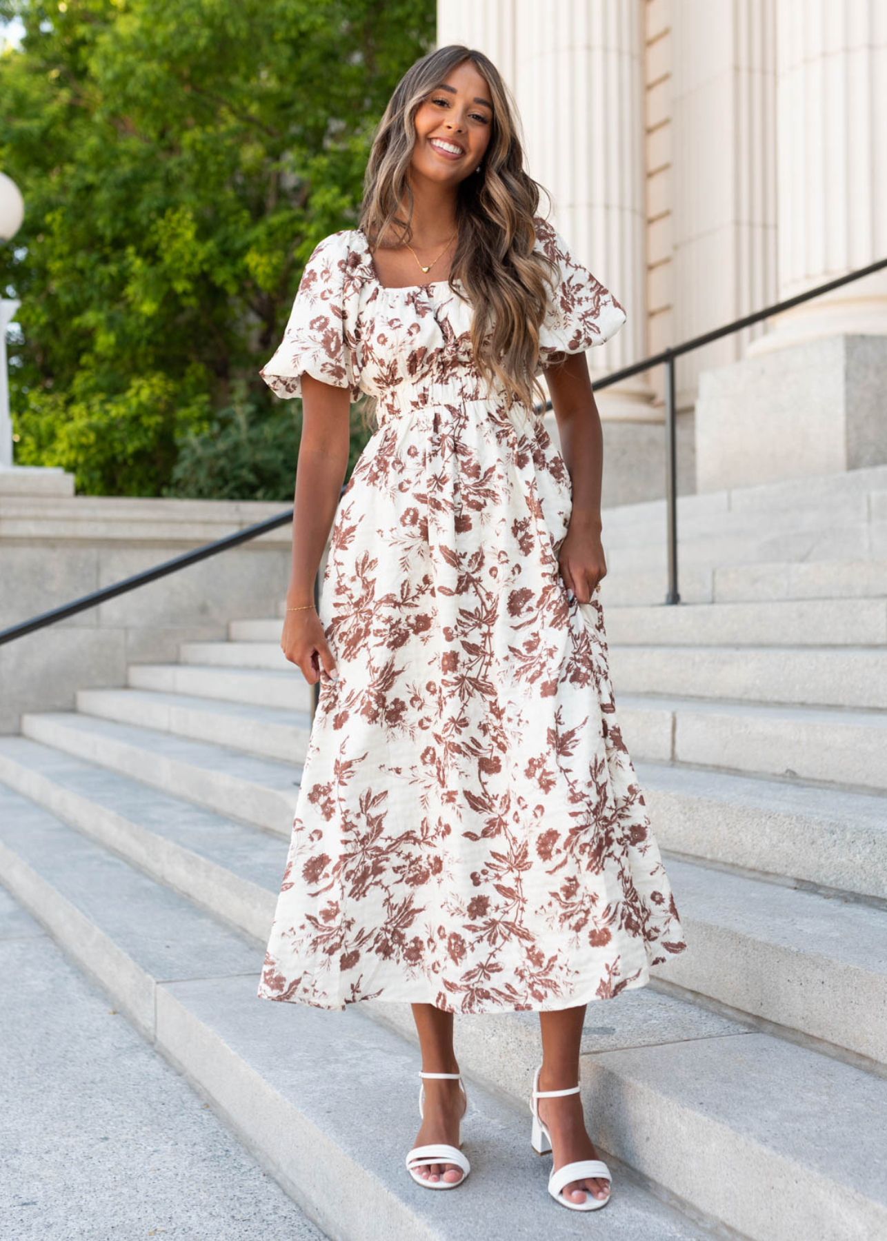 Short sleeve mocha floral tiered dress