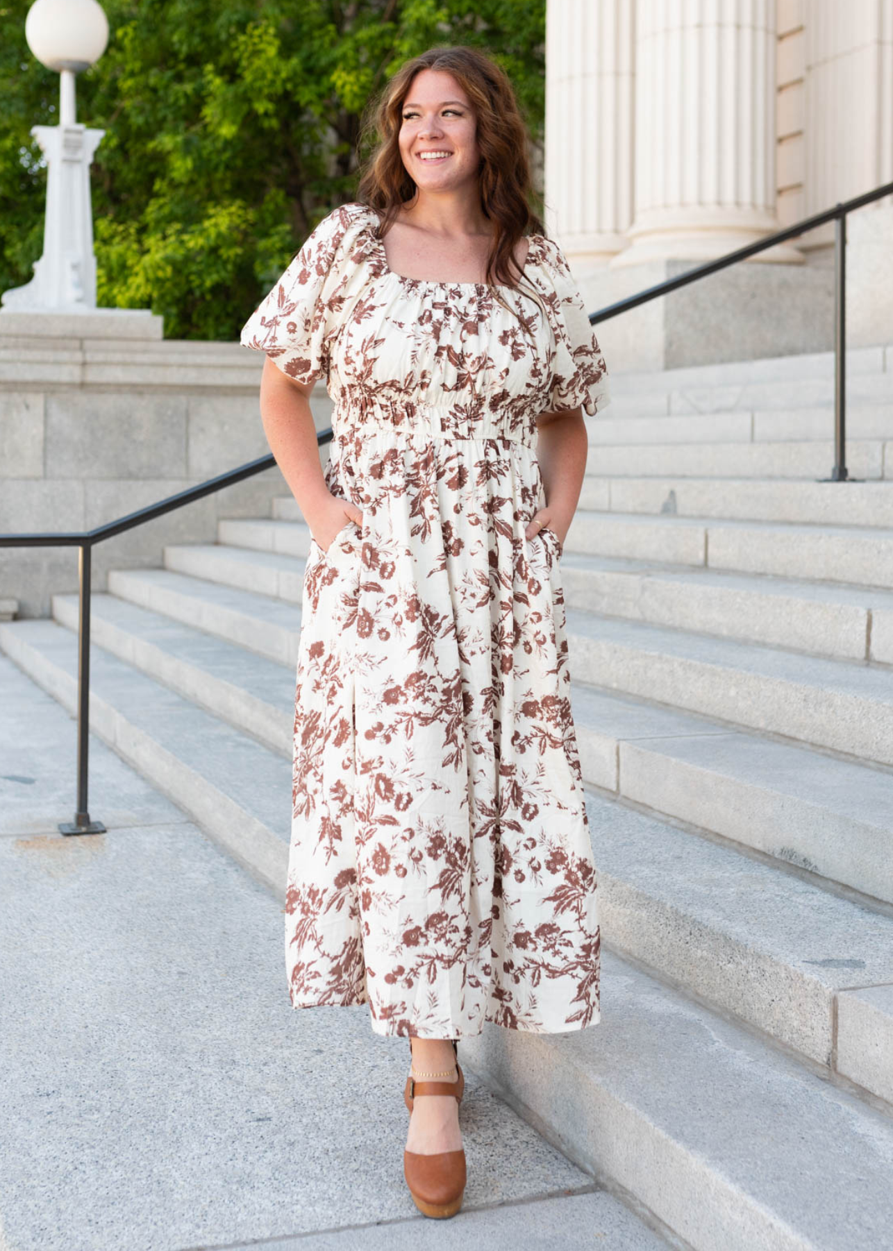 Plus size mocha floral tiered dress with pockets