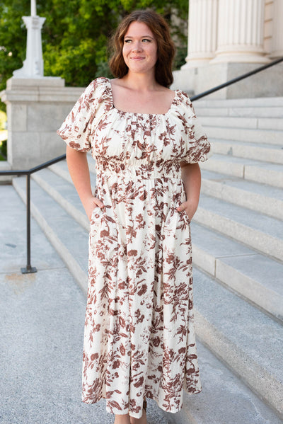 Mocha floral tiered dress with square neck