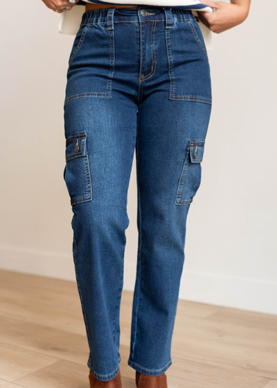 Dark denim cargo jeans with side pockets