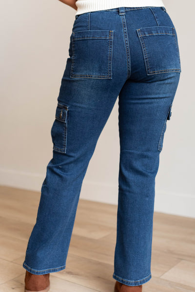 Back view of the dark denim cargo jeans