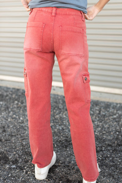 Back view of the mineral red cargo jeans