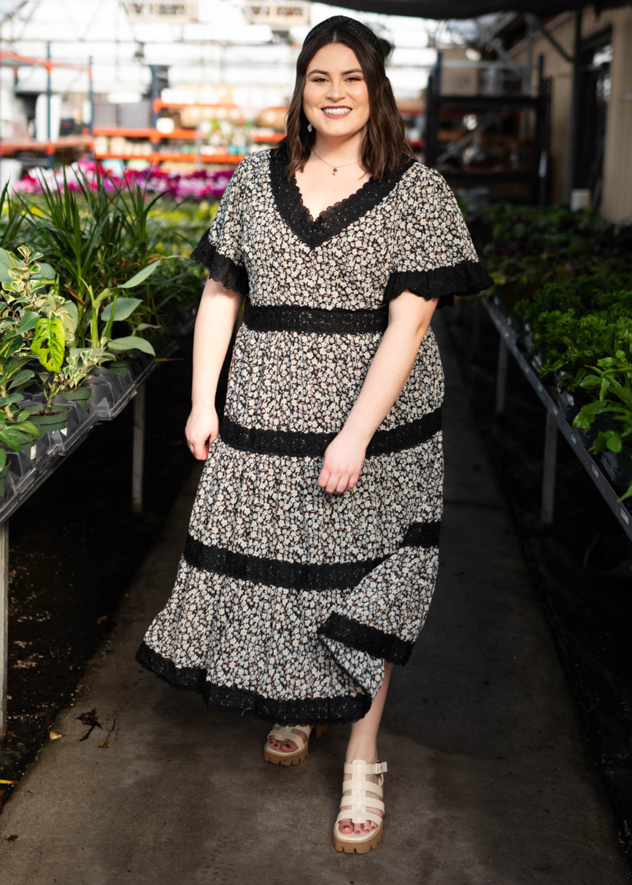 Short sleeve plus size black floral dress with black lace trim