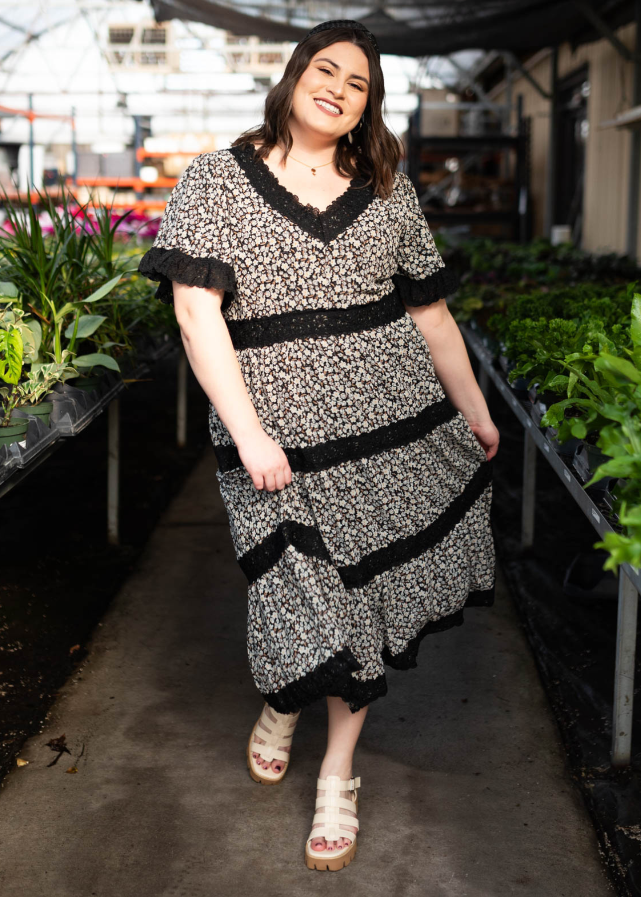 Plus size black floral dress with lace trim