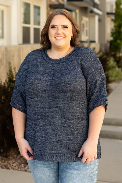 Plus size navy top with short sleeves