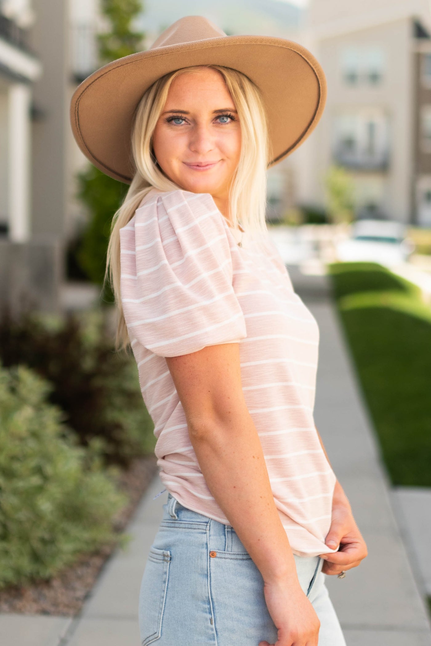 Side view of a pink stripe top