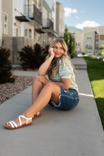 Short sleeve sage stripe top