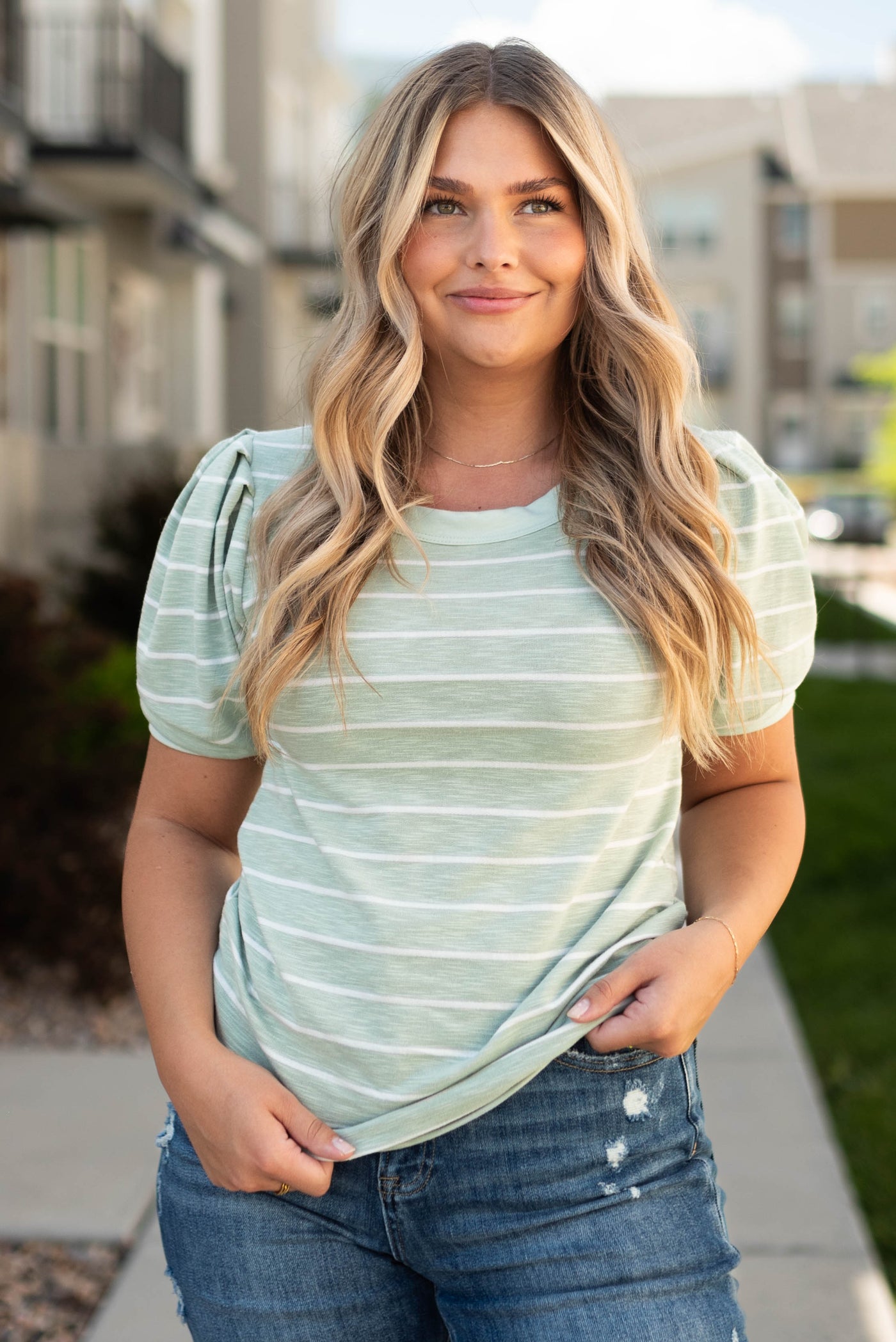 Short sleeve sage stripe top