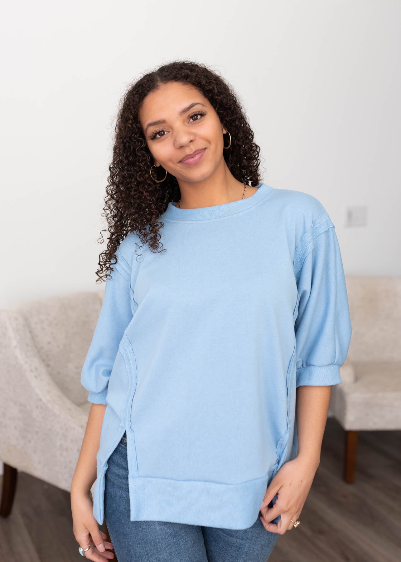 Blue textured  pullover with three quarter sleeves