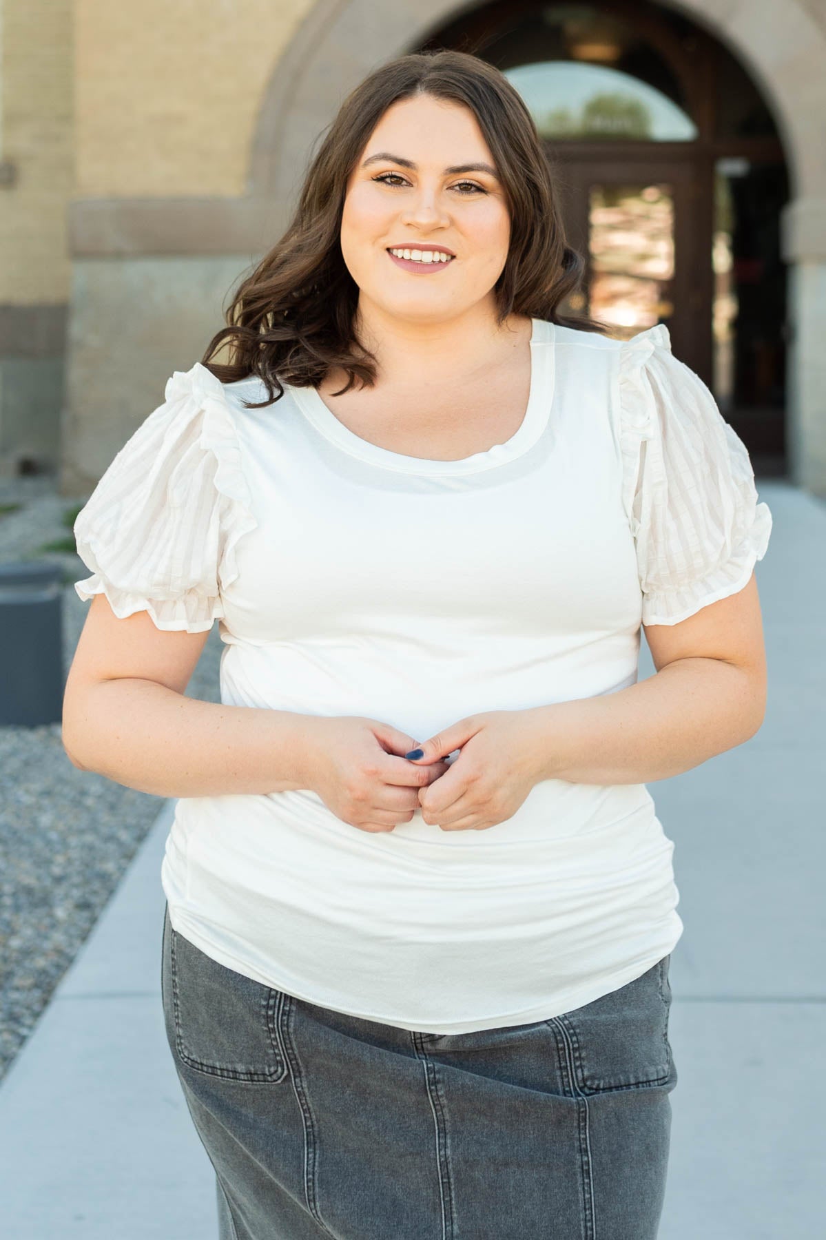 Plus size Natalia white top with ruffle on the short sleeve