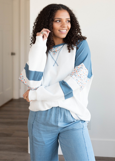 Blue floral patchwork long sleeve top