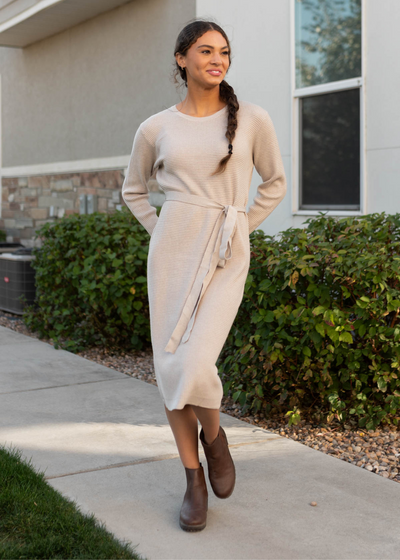 Stone waffle sweater dress with tie at the waist