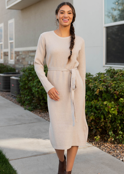 Long sleeve stone waffle sweater dress