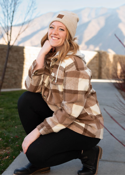 Taupe button down shacket with hood