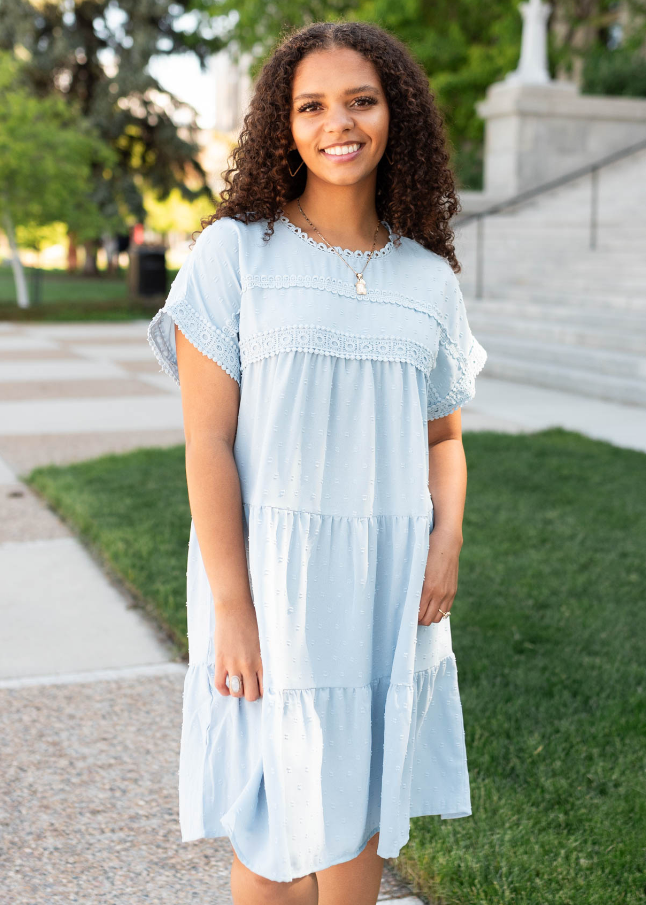 Short sleeve powder blue tiered dress