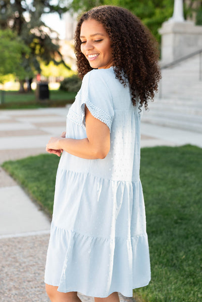 Side view of the powder blue tiered dress