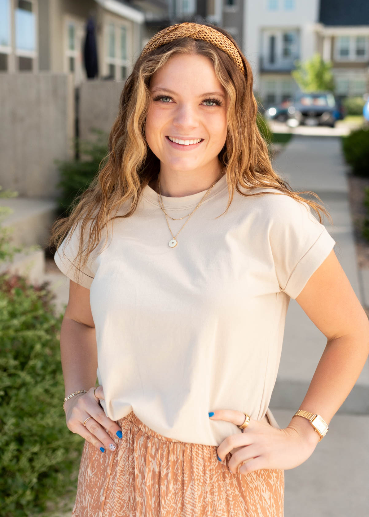 Sand beige folded sleeve top with drop sleeve