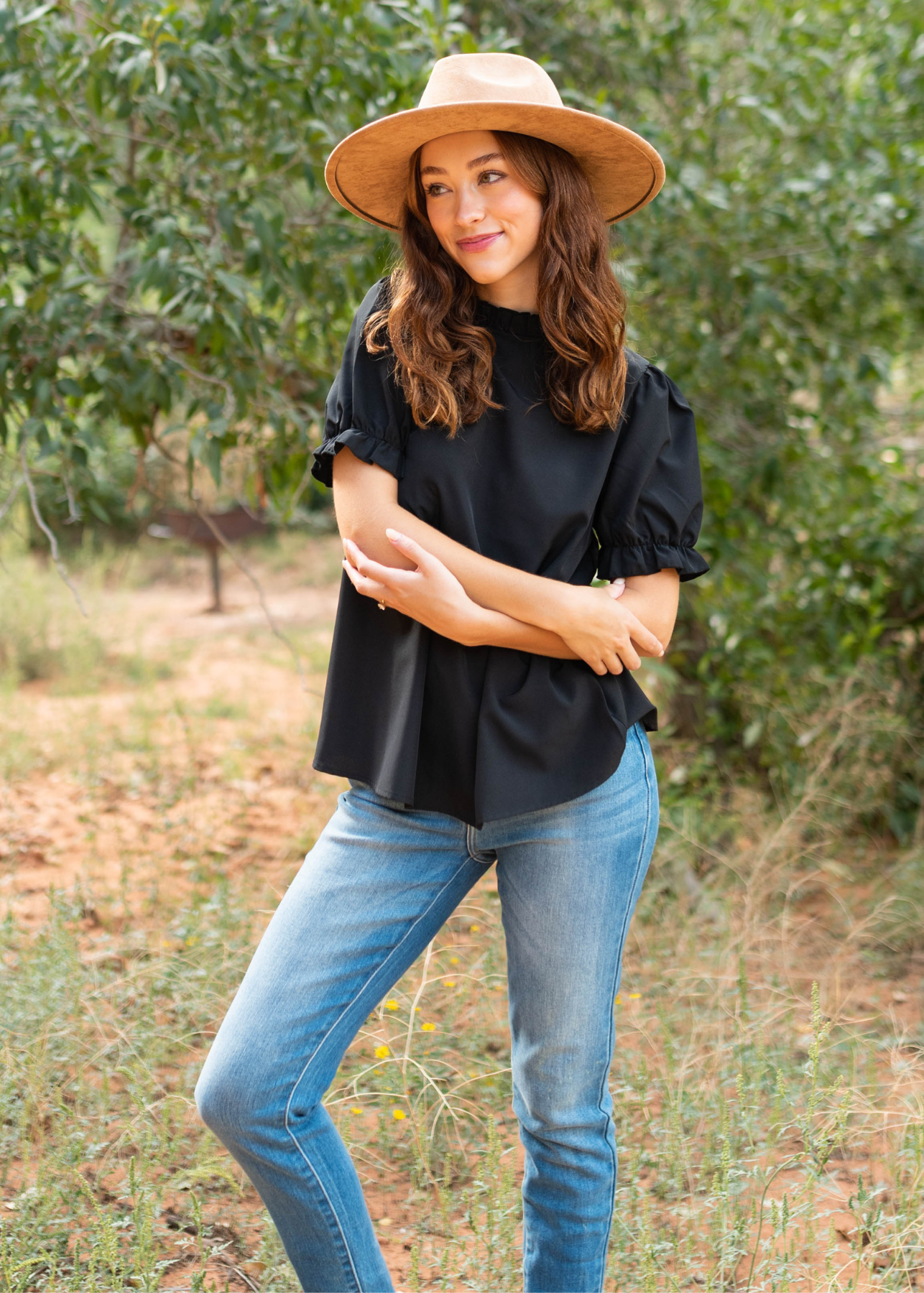 black top with puff short sleeves