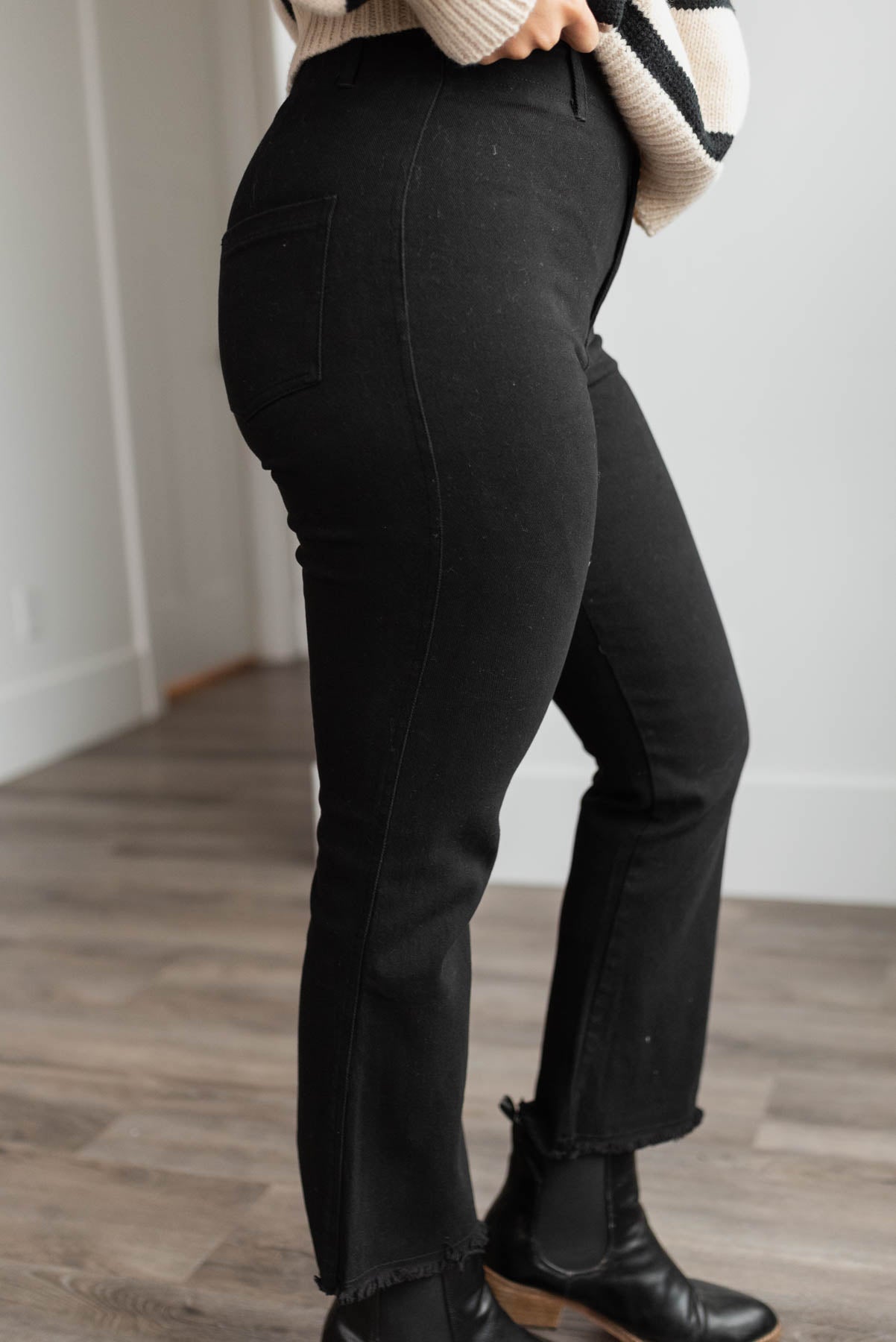 Side view of the black high rise pants