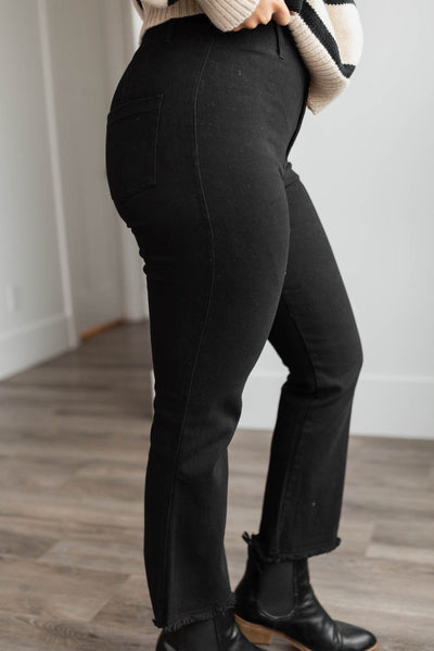 Side view of the black high rise pants