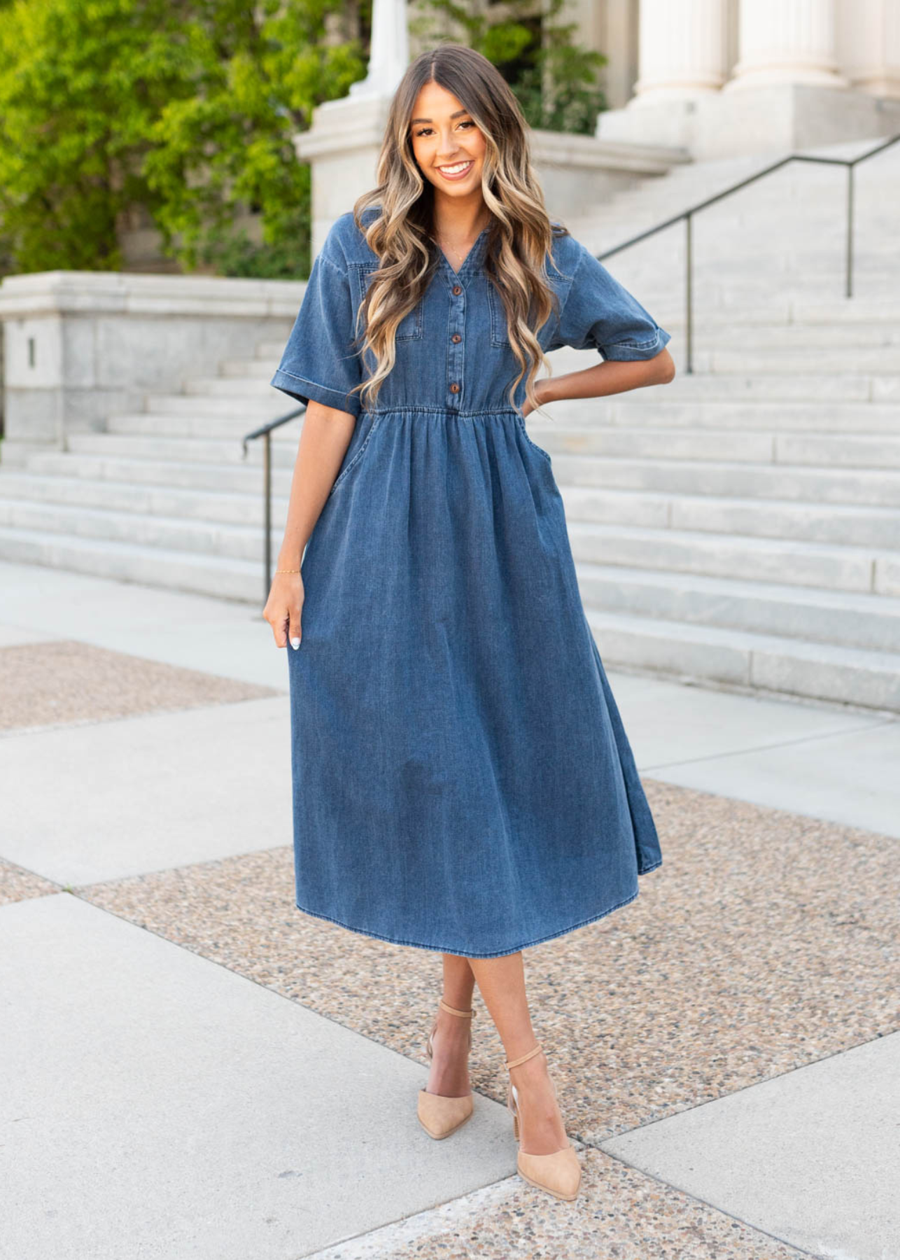 Denim button down dress with short sleeves