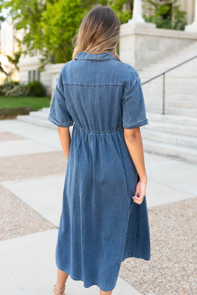 Back view of the denim button down dress