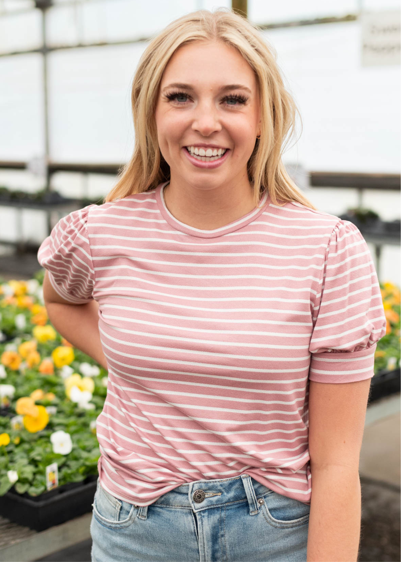 Mauve knit top with ivory stripes