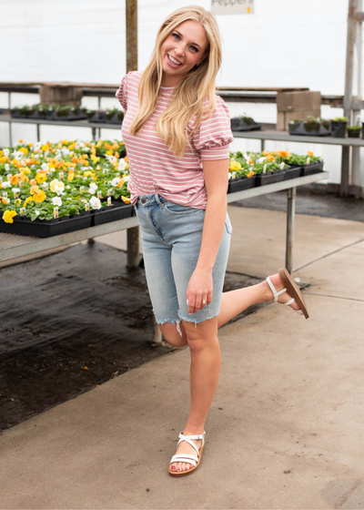 Mauve knit top with ivory stripes and short sleeves