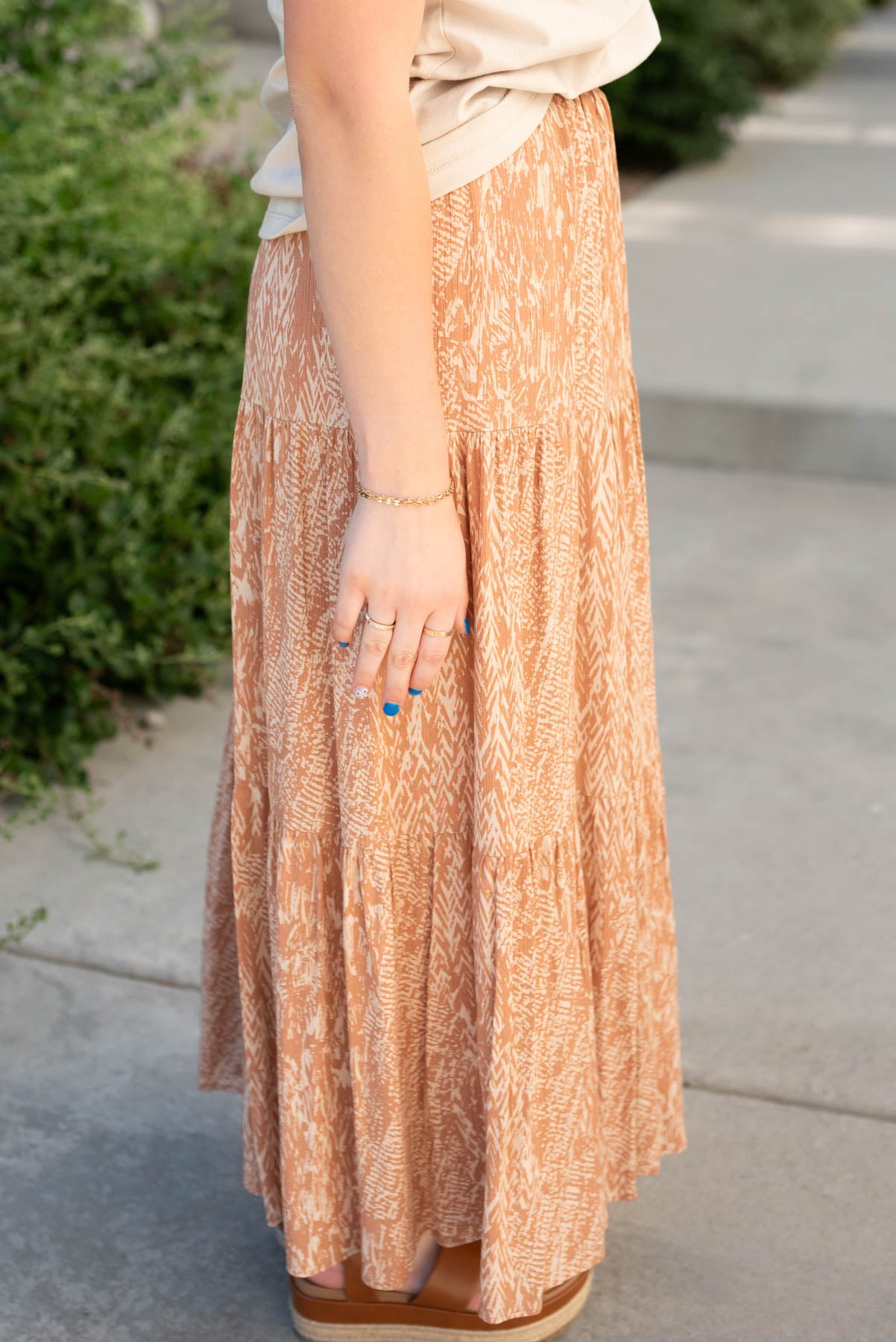 Side view of the terracotta pattern skirt