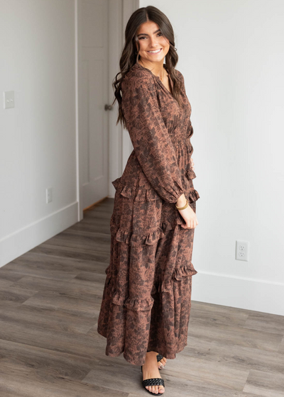 Side view of the mahogany floral tiered dress