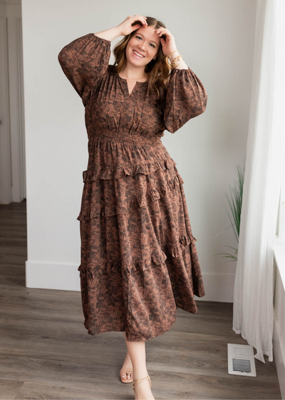 Plus size mahogany floral tiered dress