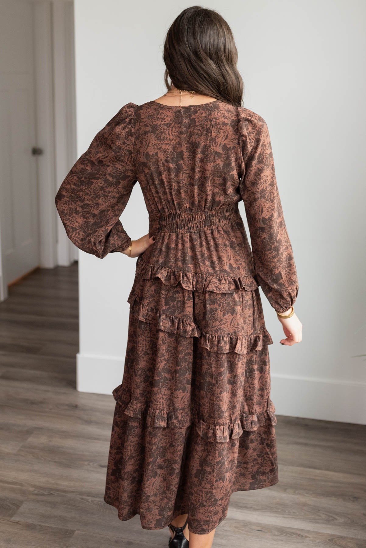 Back view of the mahogany floral tiered dress