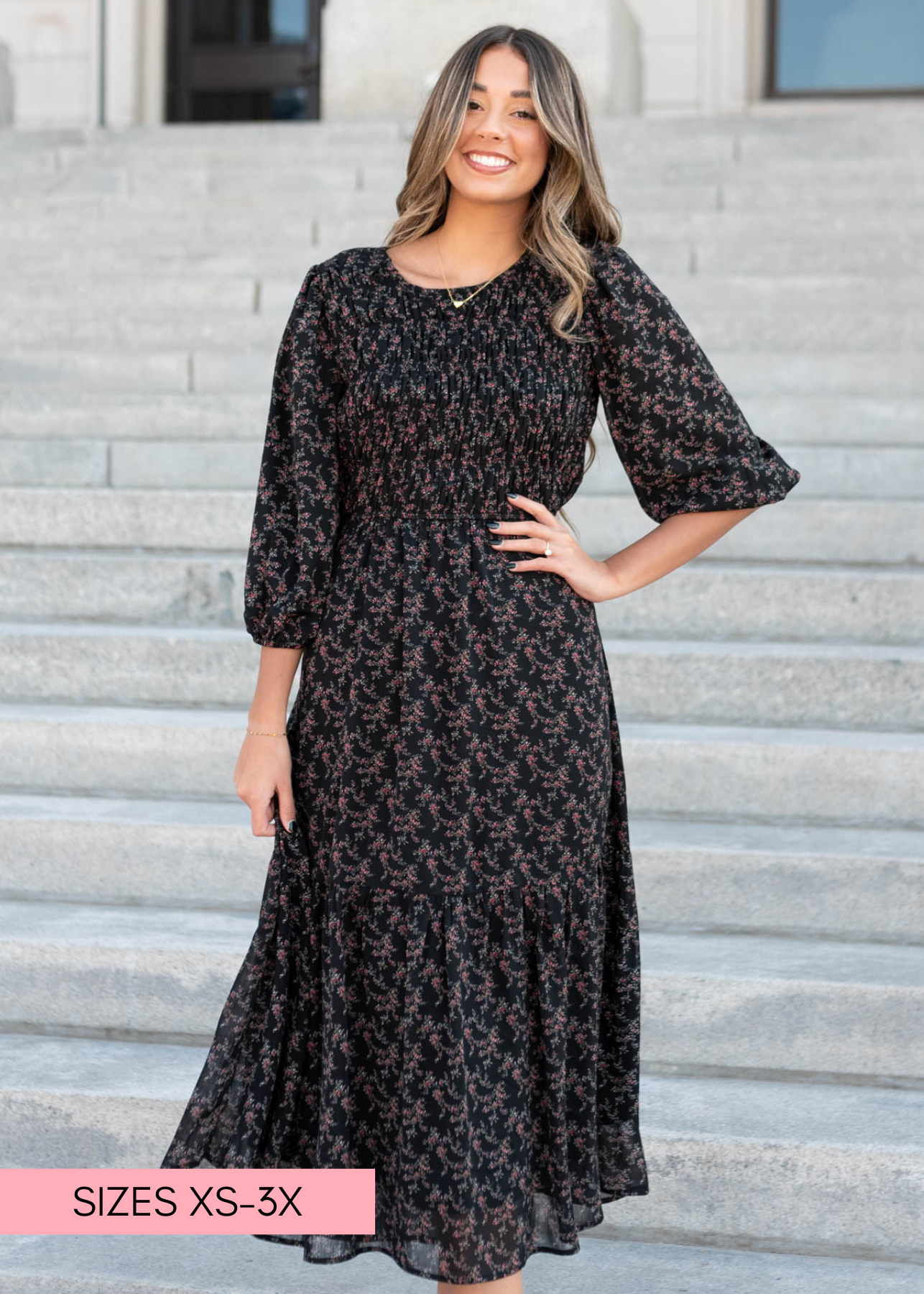 Smocked bodice on the black pink flower dress