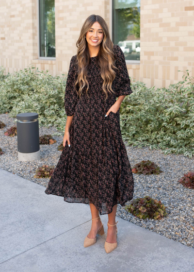 Short sleeve black pink flower dress