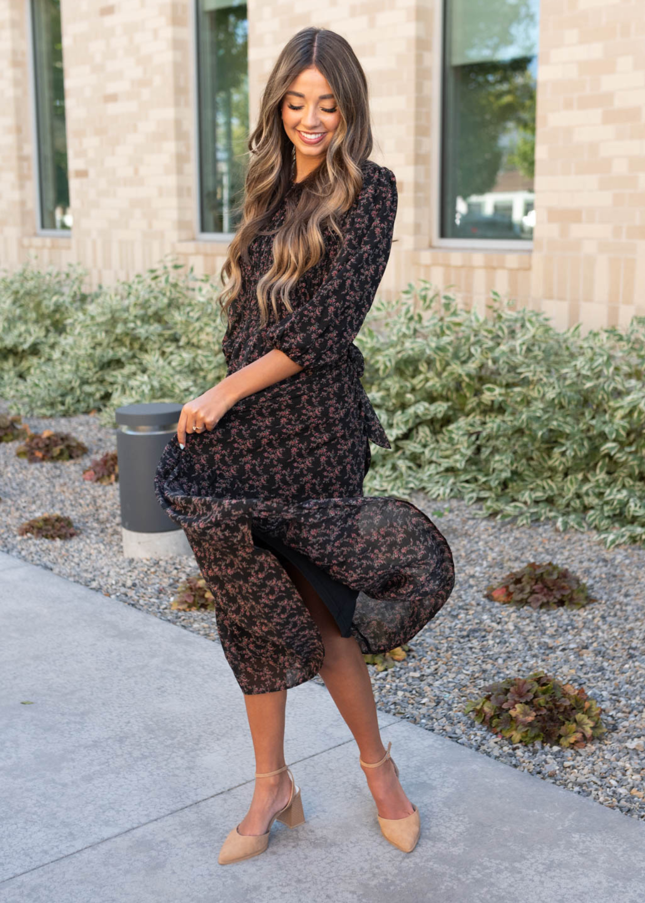 Black pink flower dress