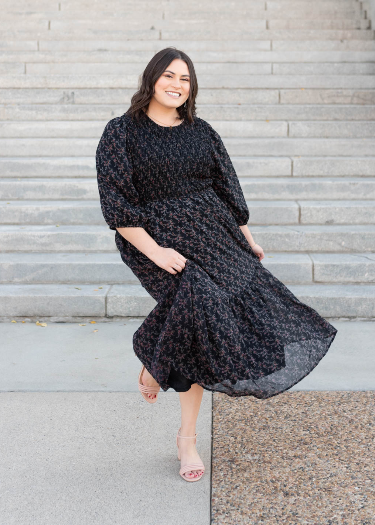 Plus size black pink flower dress with smocked bodice