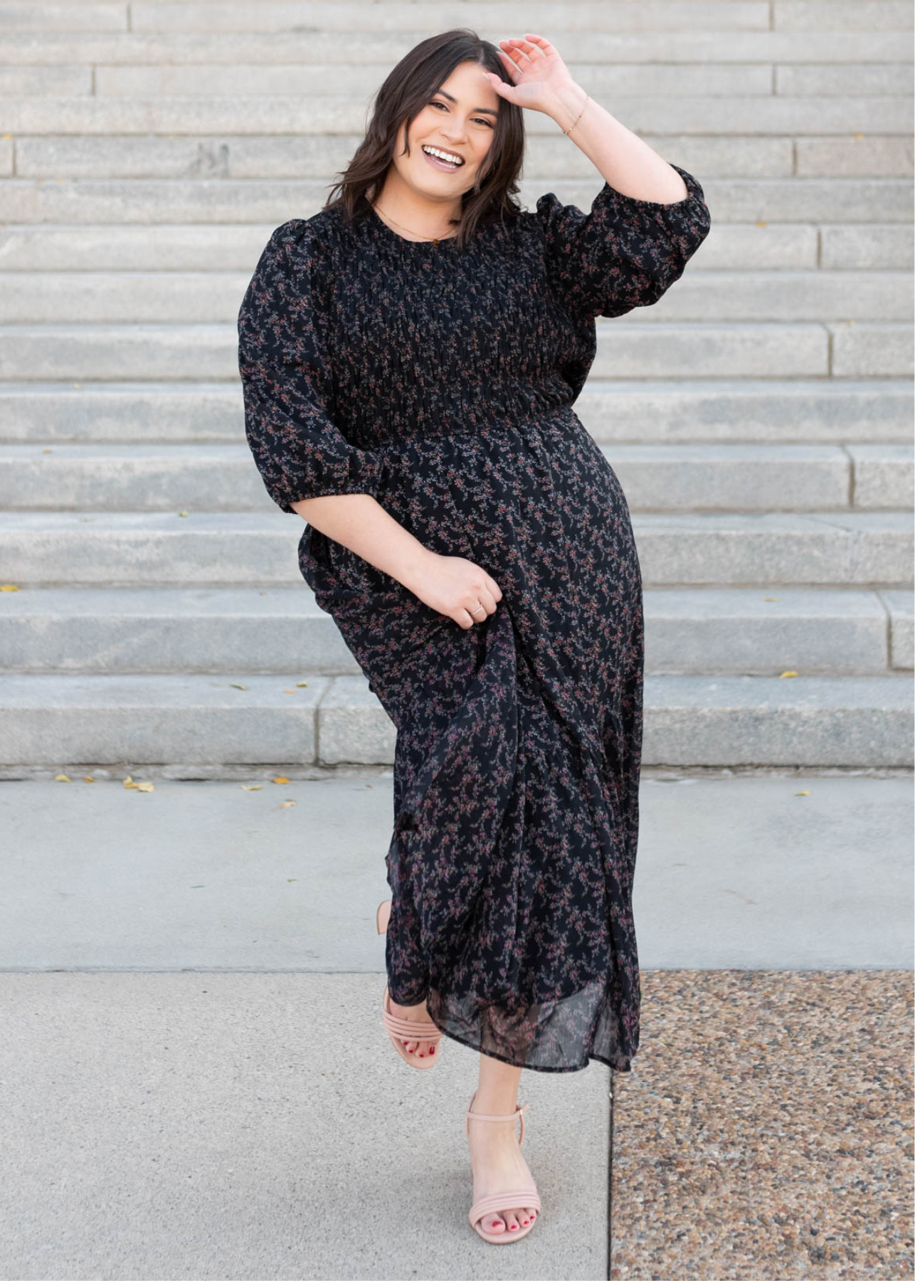 Long sleeve plus size black pink flower dress