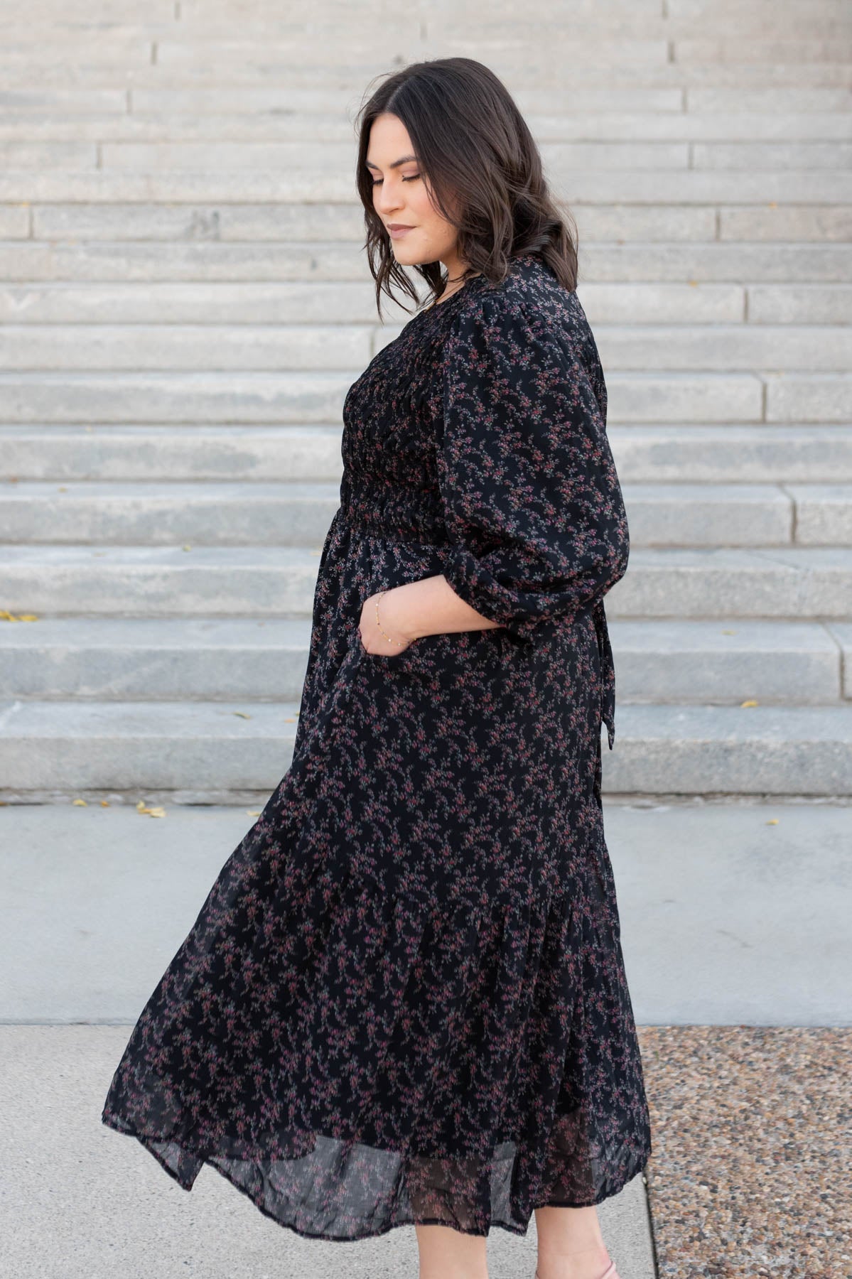 Side view of the black pink flower dress