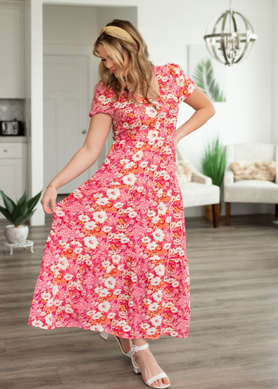 Fuchsia floral dress with short sleeves