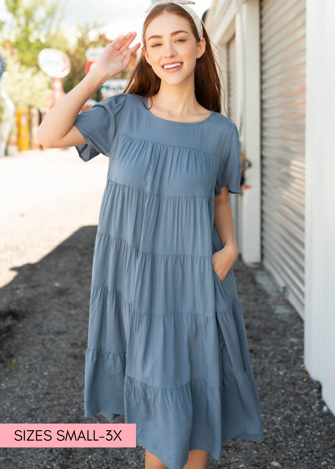 Short sleeve navy tiered dress