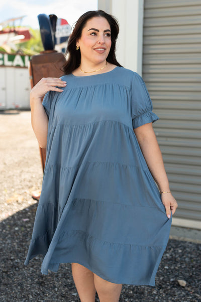 Plus size navy tiered dress with short sleeves