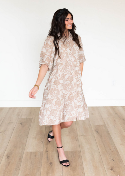 Long sleeve taupe floral button down dress