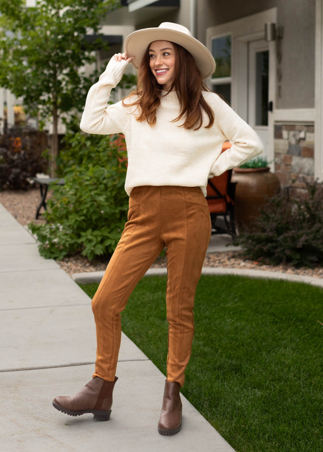 Camel suede leggings