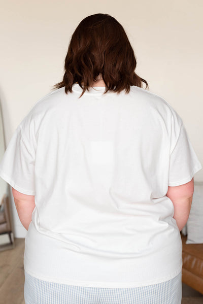 Back view of the lemon print graphic tee in plus size