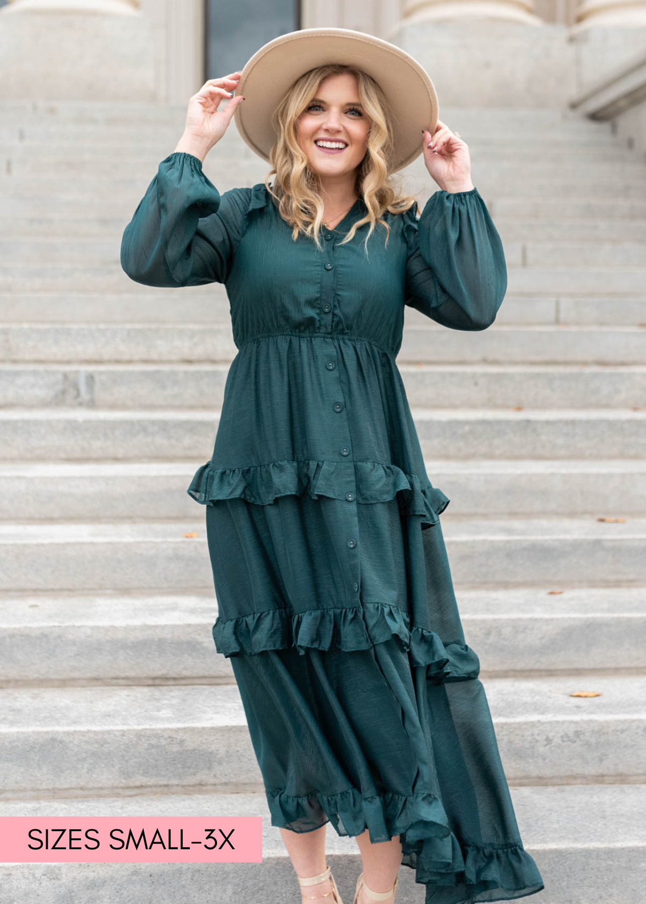 Button up hunter green tiered dress with long sleeves