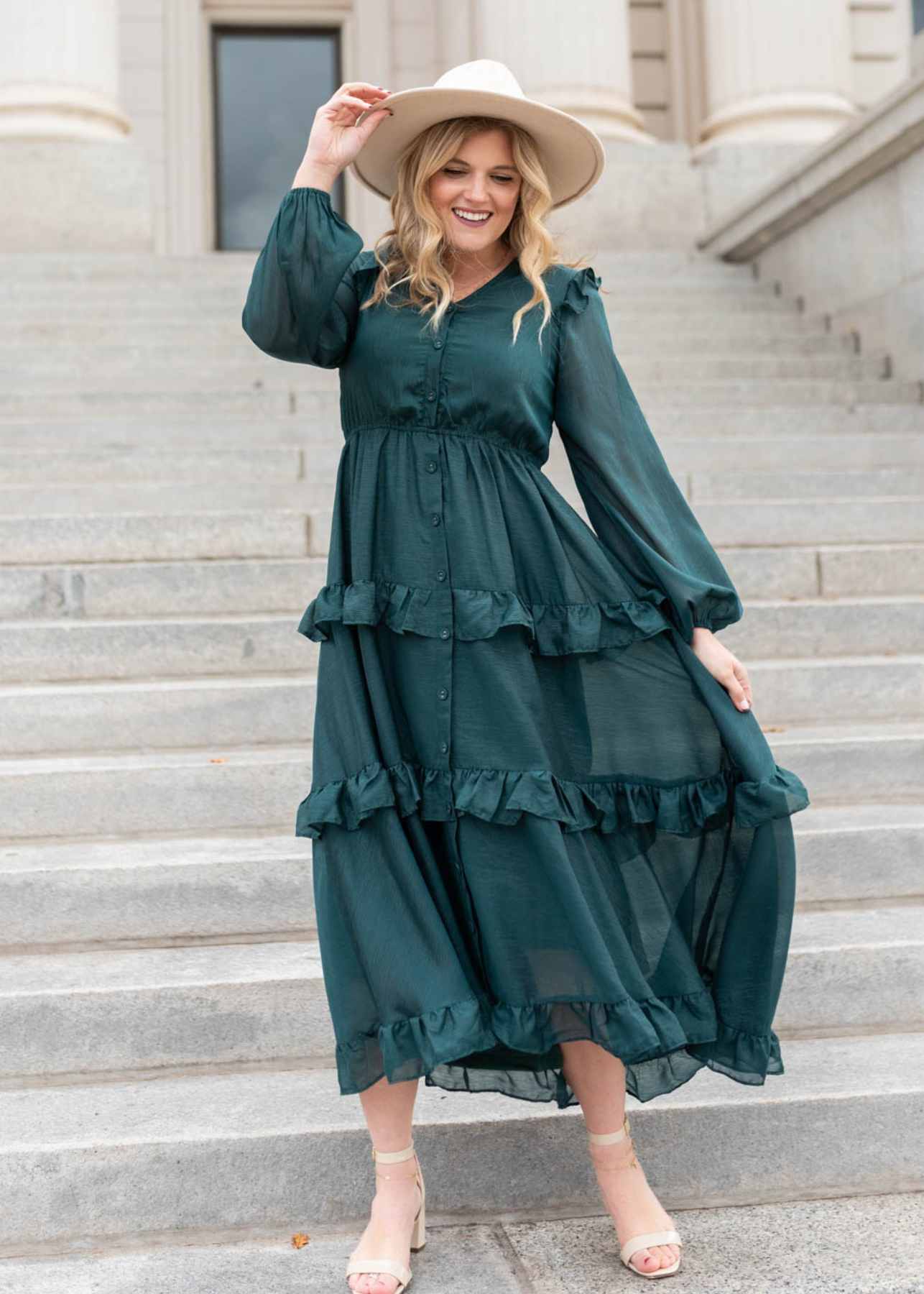 Long sleeve hunter green tiered dress